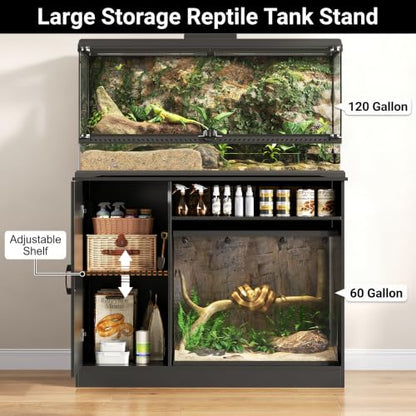 Herture 120 Gallon Reptile Tank Stand,48 X 24 for 120 Gallon Reptile Tank | with Storage Cabinet, Outlet Power, Adjustable Shelf, Double Terrarium Stand for Bearded Dragon Snake FEED001B Black