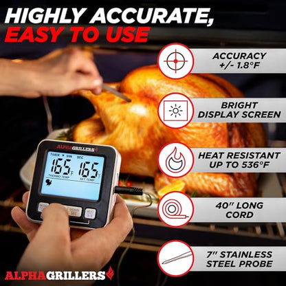 Alpha Grillers Meat Thermometer Digital, Wired Probe for Oven & Grill | 7 Preset Temperature Alerts, Timer & Alarm for Cooking, Baking & BBQ