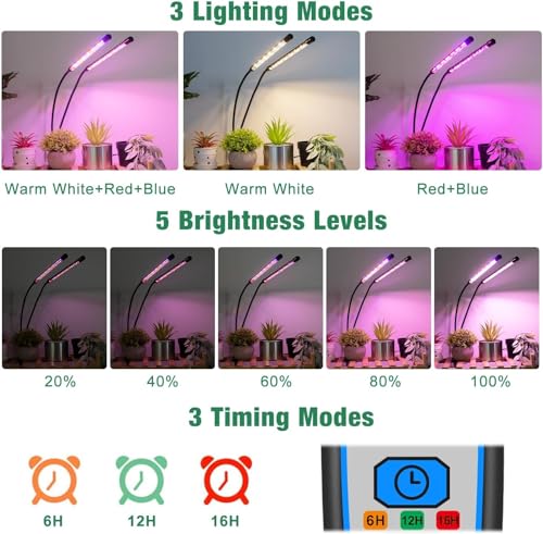 Plant Light, 2 Heads Grow Lights for Seed Starting with Clip, 2Pack | Full Spectrum Grow Light, Timer 6/12/16Hrs, 3 Spectrums, 5 Dimmable Levels, Flexible Gooseneck - size: (2 Pack)2 Arms