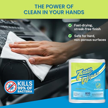 Zoom Wipes Plus – 3,200 Total 4 Rolls of 800 – Citrus Scented Cleaning & Deodorizing Wipes for Fitness Equipment, Office & Household, Compatible with Dispenser Buckets, Alcohol & Bleach-Free