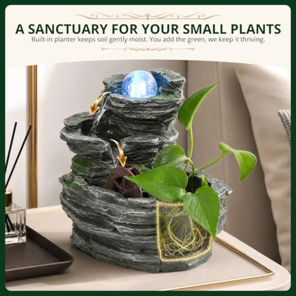 Tabletop Water Fountain, Resin Water Wheel, LED Light,Soothing Sound | Circulating water flow; indoor décor accent; planter space; easy on/off switch; calming desktop centerpiece,Ambient Light