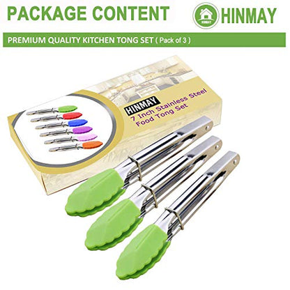 HINMAY 7" Mini Tongs with Silicone Tips, Set of 3 (Green) | 7 Inches Silicone Cooking Tongs - color: Green