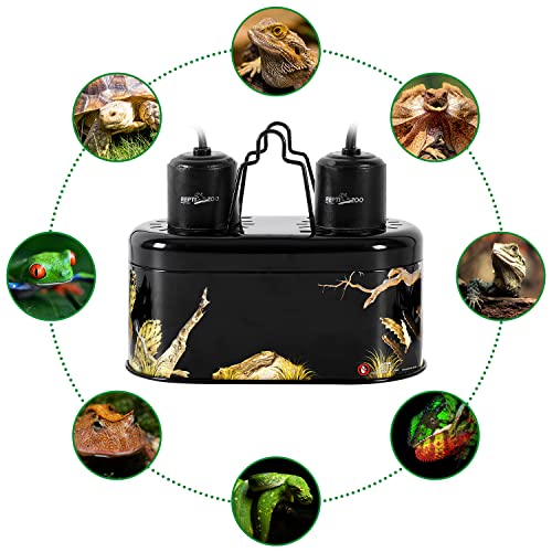 REPTI ZOO Nano Combo Print Tropical Desert Reptile Dual Deep Dome Lamp Fixture for Reptile Max 40 Watts Max Bulb Height 4 in Per Socket UVB Light Fixture Dual Lamp Cap Combo Integration Design - size: 40 Watts