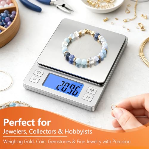 BOMATA 0.01g High Precision Jewelry Scale, 1000g Digital Gram Scale, Silver | Small & Portable Design with Hold, Tare & Counting Function, Precise for Gold, Bullion, Coins, Gemstones & Crafts - color: Silver