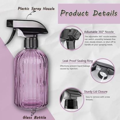 Glass Handheld Spray Bottle, 13.5oz, Purple, Adjustable Nozzle | Pressure Watering Can, Plant Mister Fine Mist for Indoor Flowers, Outdoor Gardening, Cleaning, Pets Care, Hair - color: Purple