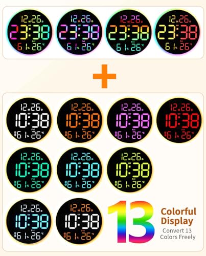10 Inch Large Digital Wall Clock with 13 Color Changing Remote Control, Date Week Temperature, Auto Brightness Dimmer Big Clock with Night Lights,RGB - color: Rgb