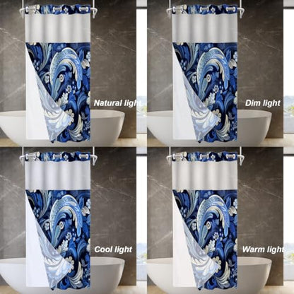 Seamless Paisley Floral No Hooks Shower Curtain with Snap in Liner Set, Damask Blue Paisley Flowers Tub Curtainn Mesh Top Window & Magnetic Hem Waterproof 35.5X74 Inch - color: Blue Damask Blue Paisley, size: 35.4"W x 74"L (Pack of 1)