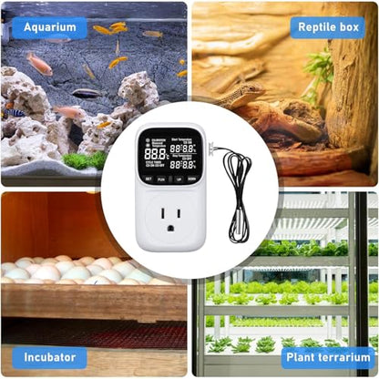 Digital Thermostat Socket, Only Fahrenheit Countdown | Temperature Controller VA Display Heating Cooling Mode Timer with Sensor for Reptile Greenhouse Fermentation Home, -40℉~210℉
