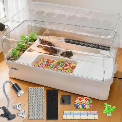 18.1 Inch Turtle Tank Kit with 3-Stage Filter, Basking Platform & Heat Lamp | Turtle Aquarium Habitat for Water Turtles, Enclosure or Hermit Crab Tank, Easy Drain Starter Kit White - color: White, size: 18.1x9.1x9.4 Inch