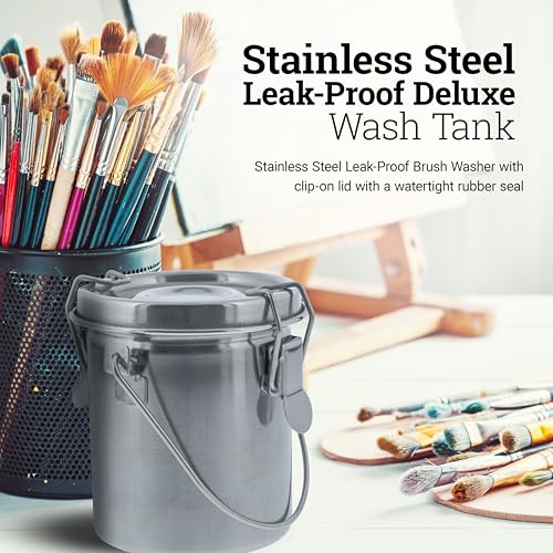 U.S. Art Supply Stainless Steel Leak-Proof Deluxe Paint Brush Washer with Wash Tank, Clip-On Lid, and Strainer Cup - Oil Paint Brush Cleaner for Artists