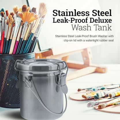 U.S. Art Supply Stainless Steel Leak-Proof Deluxe Paint Brush Washer with Wash Tank, Clip-On Lid, and Strainer Cup - Oil Paint Brush Cleaner for Artists