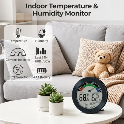 Digital Hygrometer Indoor Thermometer Humidity Meter Room Temperature Humidity Monitor, Metal Frame with Brushed Stainless Finish, DM9442 (Black Stainless) - color: Black Stainless