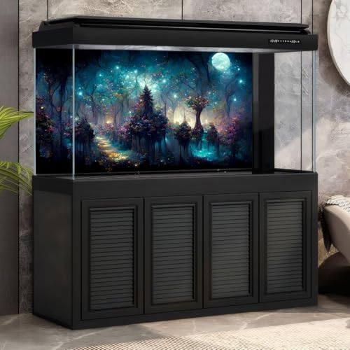 Fairy Tale Eden Aquarium Background Fantasy Trees Various Flowers Fish Tank Background Misty Night Sparking Stars Moon Terrarium Backgrounds Stunning Flowers Scene Reptile Tank Backgrounds 24x12in - color: Purple_Blue, size: 24(W)x12(H)in