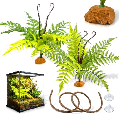 3 Pcs Reptile Plants for Tank Habitat Decor Kit – Reptile Plants Jungle Canopy Leaves with Hanging Vine, Resin Stone Base – Blechnum Gibbum Tree Fern for Snake Geckos Chameleon Amphibian - color: Tropical Forest Fern