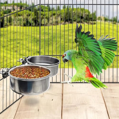 PINVNBY 2pcs Stainless Steel Bird Bowl Feeding Dish Cups for Parrot, Parakeet, African Greys, Conure, Cockatiels, Lovebird, Budgie, Chinchilla (L)