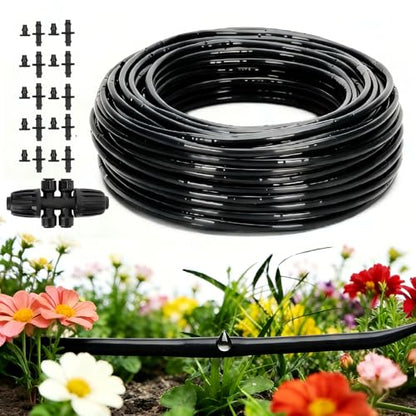 1/4" Drip Irrigation Tubing with 6" Emitter Spacing, (100 Ft Roll) Hydroponics Dripline, 1/4" Drip Irrigation Fittings Included, Built-in 0.5 GPH Dripper, Drip Line for Irrigation System (Black) - size: 100FT