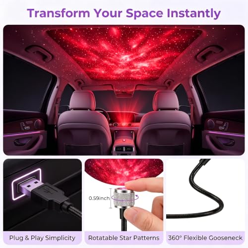 USB Star Projector Night Light, Flexible Gooseneck Adjustable Car Roof Starry Lamp, Romantic Atmosphere Light for Car Bedroom Party (Red) - color: red