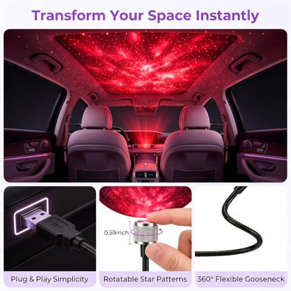 USB Star Projector Night Light, Flexible Gooseneck Adjustable Car Roof Starry Lamp, Romantic Atmosphere Light for Car Bedroom Party (Red) - color: red