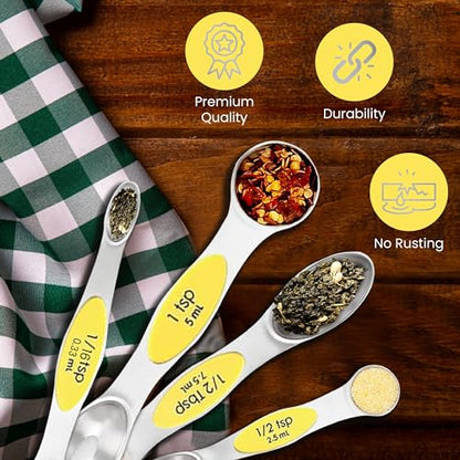 Magnetic Measuring Spoons Set of 9 Stainless Steel Dual-Sided Stackable Measuring Spoon Nesting Teaspoons Measuring Dry and Liquid Ingredients, Fits in Spice Jars Set of 9 (Yellow) - color: Yellow