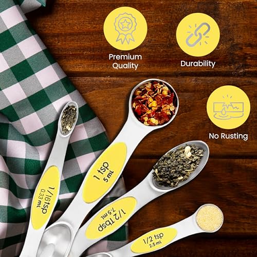 Magnetic Measuring Spoons Set of 9 Stainless Steel Dual-Sided Stackable Measuring Spoon Nesting Teaspoons Measuring Dry and Liquid Ingredients, Fits in Spice Jars Set of 9 (Yellow) - color: Yellow