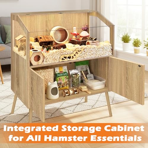 PROLEE Hamster Cage with Storage Cabinet,Large Hamster Encloure Chew Proof Wood,Clear View Hamster Habitat for Guinea Pig, Ferret, Rat, Hedgehog, 40" L x 20" W x 47" H (White Oak) - color: White Oak