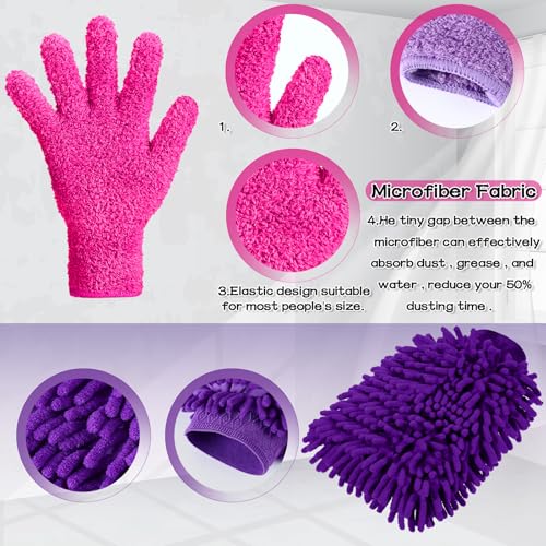 Potchen 6 Pcs Microfiber Dusting Mitt Gloves for Plants Washable Dusting Gloves for House Cleaning Furniture Car Washing - color: Pink,rose Red,purple