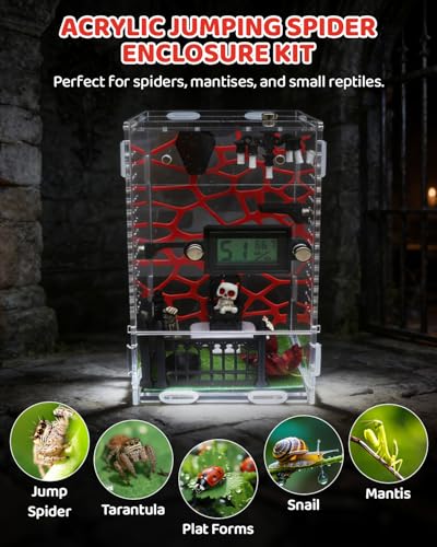 DIY Jumping Spider Enclosure, 4.7"x4.7"x7.9" Escape Proof Spider Terrarium, Small Reptile Acrylic Accessories Set, with Temperature and Humidity Detector, Platform and Hide, Tweezer, Feeding Bowl