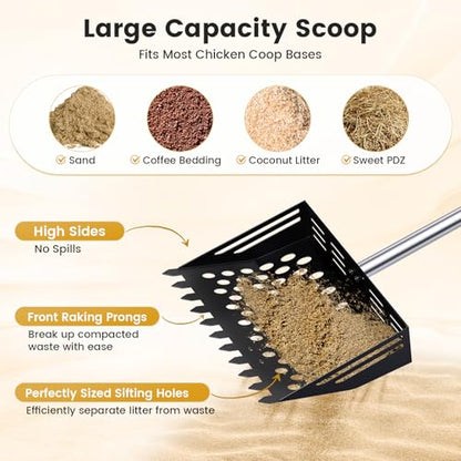 2-in-1 Chicken Poop Scooper & Rake, 38 to 66" Adjustable Stainless Steel Chicken Coop Scoop for Sand Chicken Litter Scoop with Handle Litter Sifting Shovel for Chicken Coops & Pet Waste