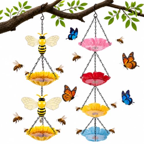 Tandefio 2 Pack Hanging Bee Watering Station for Outdoor Garden, Butterfly Feeder with Flower Bowl, Pollinator Feeding Station for Yard Patio, Bee Bath for Gardeners(Bees & Flower Style) - style: Bee & Flower Style