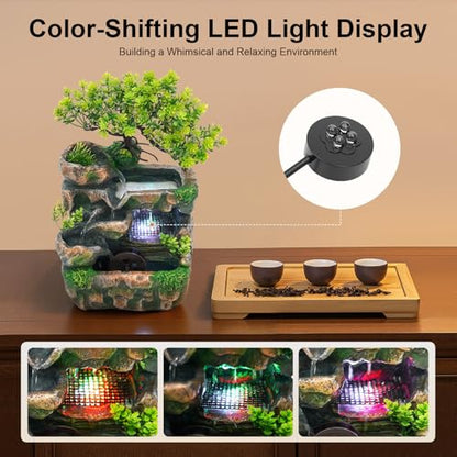 Tabletop Fountain Waterfall Water Fountains Indoor with LED Lights Desktop Relaxation Rockery Landscape Water Fountains Decoration for Home Office Bedroom Desk Decor