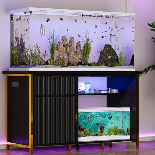 55-75 Gallon Fish Tank Stand, Aquarium Stand with LED Light, Black & Gold | 49 x 20 In Top, Modern Fluted Design, 2 Outlets, 2 USB Ports, Shelf Storage, Metal Frame Support, 1100 LBS, Turtle Tank Stand - color: Black and Gold
