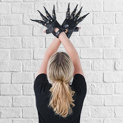 Faux Leather Claw Costume Gloves - Black Lizard Skin Scary Animal Gloves