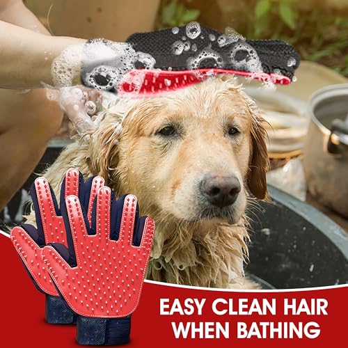 Upgrade Pet Grooming Gloves, Grooming Gloves for Dogs, Cats, Rabbits & Horses with Long and Short Hair, Efficient Pets Hair Remover Mittens - 1 Pair (Red) - color: Red