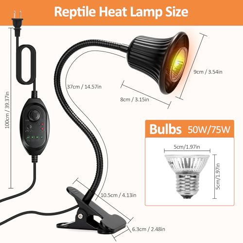 Reptile Heat Lamp, Heating Lamp for Reptiles with UVA UVB,2H,4H,8H,10H Cycle Timing&Stepless Dimming Adjustment Basking Light for Turtle, Bearded Dragon, Lizard and More, 2 Bulbs