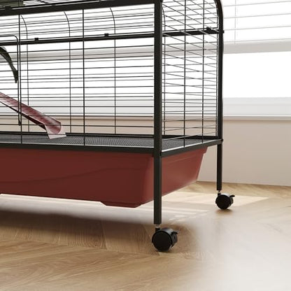 PawHut 48" L Small Animal Cage, Rabbit Hutch, or Ferret Pet Play House with Feeder, Rolling Wheels, Platform, Ramp | Ferret Pet Play House, Platform, Ramp - size: 48.0"L x 23.3"W x 28.8"H