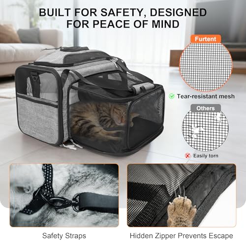 Expandable cat Carrier Soft Sided Airline Approved Pet Carrier Up to 12lbs | Top & Side Expandable, 360° Breathable Mesh, Anti-Collapse Frame, Built-in Safety Leash, Reversible Cushion for Cat Small Dog - color: Grey