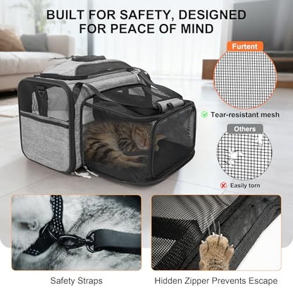Expandable cat Carrier Soft Sided Airline Approved Pet Carrier Up to 12lbs | Top & Side Expandable, 360° Breathable Mesh, Anti-Collapse Frame, Built-in Safety Leash, Reversible Cushion for Cat Small Dog - color: Grey