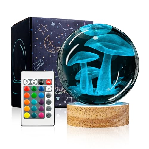 3D Crystal Ball Night Light with Wooden Base, Mushroom Glass Ball Lamp with 16 Colors and Remote Control - Cool Desk Decor Gift for Kids and Friends - color: Mushroom