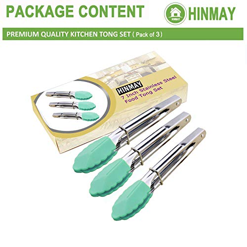 HINMAY 7" Stainless Steel Food Tongs with Silicone Tips, Set of 3 (Mint) | 7-Inch Mini Tongs - color: Mint