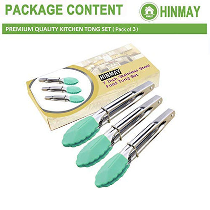 HINMAY 7" Stainless Steel Food Tongs with Silicone Tips, Set of 3 (Mint) | 7-Inch Mini Tongs - color: Mint