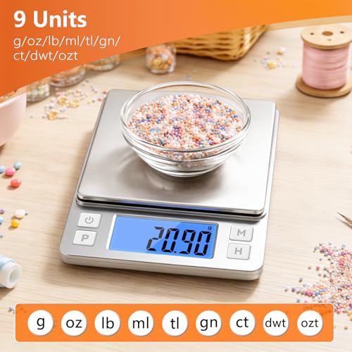 BOMATA 0.01g High Precision Jewelry Scale, 1000g Digital Gram Scale, Silver | Small & Portable Design with Hold, Tare & Counting Function, Precise for Gold, Bullion, Coins, Gemstones & Crafts - color: Silver