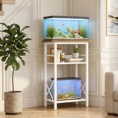 HOOBRO 10 Gallon Aquarium Stand, 3-Tier Fish Tank Stand with Storage, Reptile Turtle Tank Stand with Metal Frame, 20.5" L x 11" W, Walnut and White WH52FT01 - color: Walnut + White