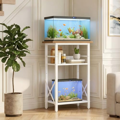 HOOBRO 10 Gallon Aquarium Stand, 3-Tier Fish Tank Stand with Storage, Reptile Turtle Tank Stand with Metal Frame, 20.5" L x 11" W, Walnut and White WH52FT01 - color: Walnut + White