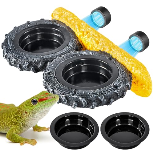 Magnetic Reptile Feeder Ledge, Crested Gecko Feeding Ledge with PVC Food Bowls, Tire-Shaped Reptile Food Dish for Crested Gecko Leopard Gecko Lizard Frog Bearded Dragon