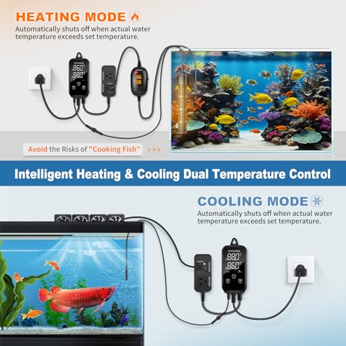 HiTauing Digital Temperature Controller, Aquarium Heater Reptile Thermostat Heating and Cooling Dual Outlet with Seawater-Resistant Probe for Fish Tanks, Reptile Tanks, Greenhouse & Seedling Mat