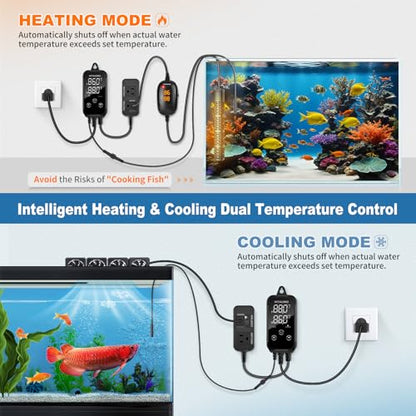HiTauing Digital Temperature Controller, Aquarium Heater Reptile Thermostat Heating and Cooling Dual Outlet with Seawater-Resistant Probe for Fish Tanks, Reptile Tanks, Greenhouse & Seedling Mat