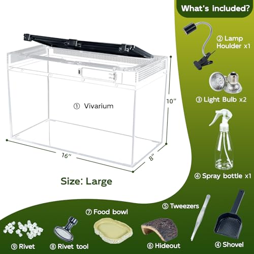 16×10×8'' Reptile Terrarium Kit with Heat Lamp & Hideout for Geckos, Snakes | Complete kit includes spray bottle, shovel, tweezers, food bowl, hideout; ideal for lizards, turtles, spiders, frogs, crabs