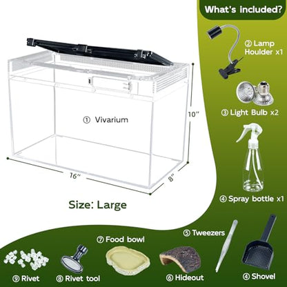 16×10×8'' Reptile Terrarium Kit with Heat Lamp & Hideout for Geckos, Snakes | Complete kit includes spray bottle, shovel, tweezers, food bowl, hideout; ideal for lizards, turtles, spiders, frogs, crabs