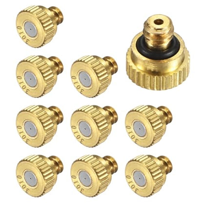 M METERXITY 10-Pack Brass Misting Nozzles, 0.012inch/0.3mm Orifice Heavy Duty 10/24 UNC Screw Thread Misting Nozzle Plug for Outdoor Spray Cooling System/Patio Mist System/Dust Control - size: 0.012inch/0.3mm