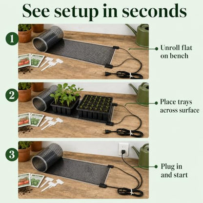 Seedling Heat Mat 11 in x 120 in, 10 Ft Grow Bench Warming Mat | Made in USA, Extra-Long Plant Warming Pad for Multiple Trays, Helps Warms 10-20°F Above Ambient, Water-resistant, Germination - size: 11" x 120"